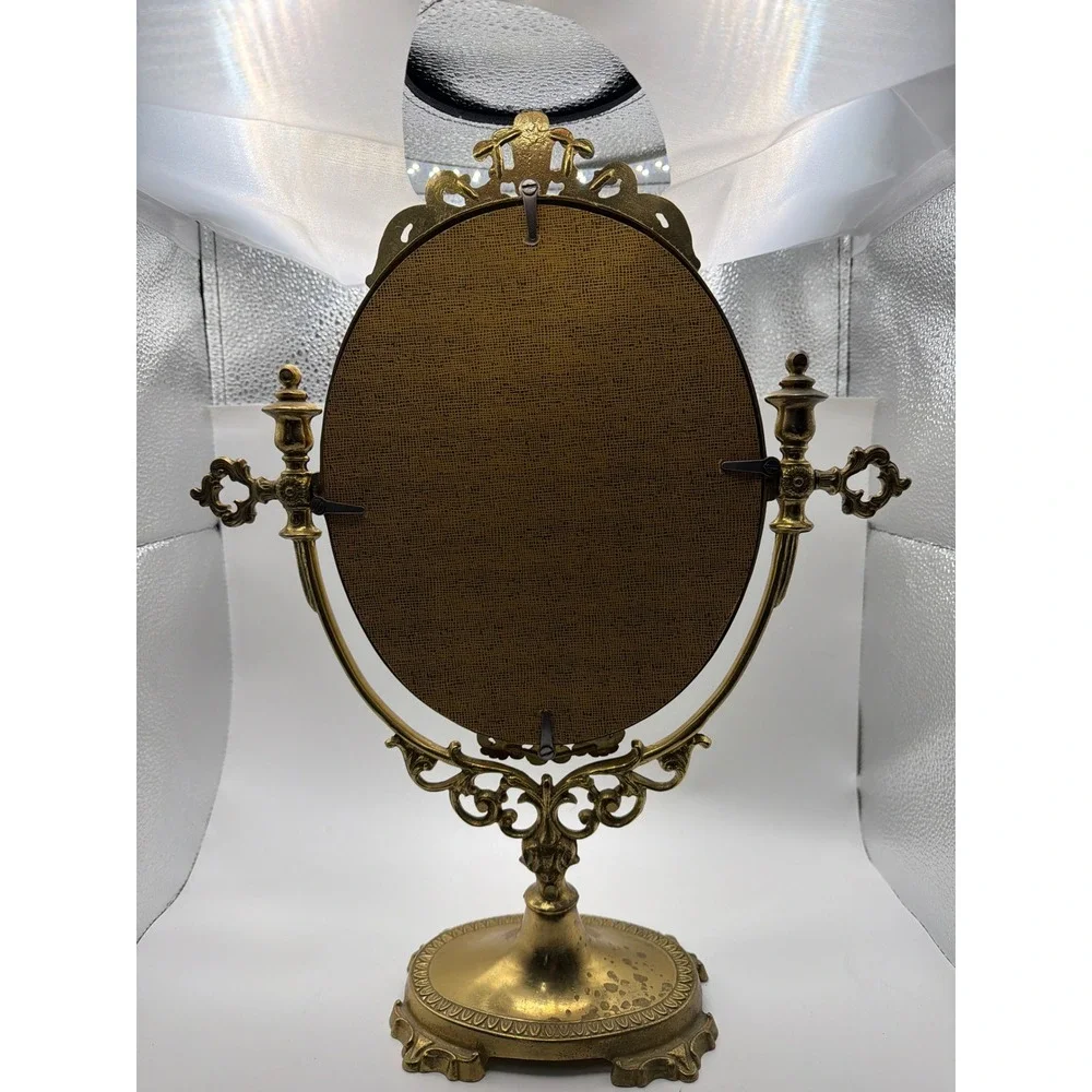 Vintage Brass Ornate Tabletop Vanity Mirror Swivel Oval Pedestal Victorian Style